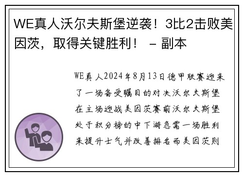 WE真人沃尔夫斯堡逆袭！3比2击败美因茨，取得关键胜利！ - 副本