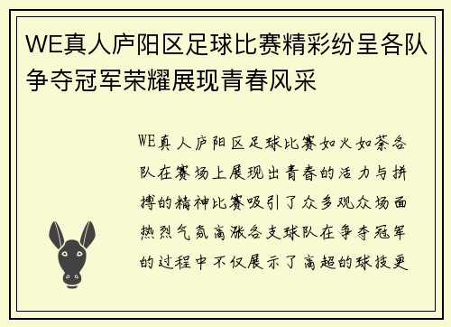 WE真人庐阳区足球比赛精彩纷呈各队争夺冠军荣耀展现青春风采