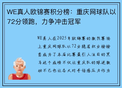WE真人欧锦赛积分榜：重庆网球队以72分领跑，力争冲击冠军