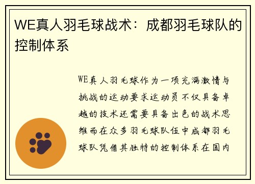 WE真人羽毛球战术：成都羽毛球队的控制体系