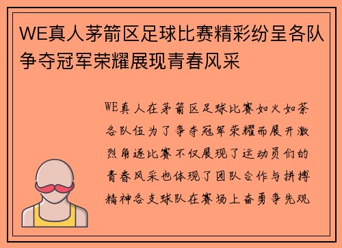 WE真人茅箭区足球比赛精彩纷呈各队争夺冠军荣耀展现青春风采