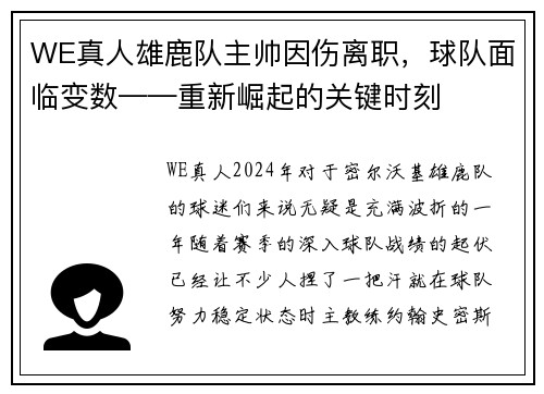 WE真人雄鹿队主帅因伤离职，球队面临变数——重新崛起的关键时刻